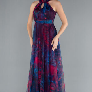 Petrol Yeşili Uzun Çicekli Abiye Elbise ABU674