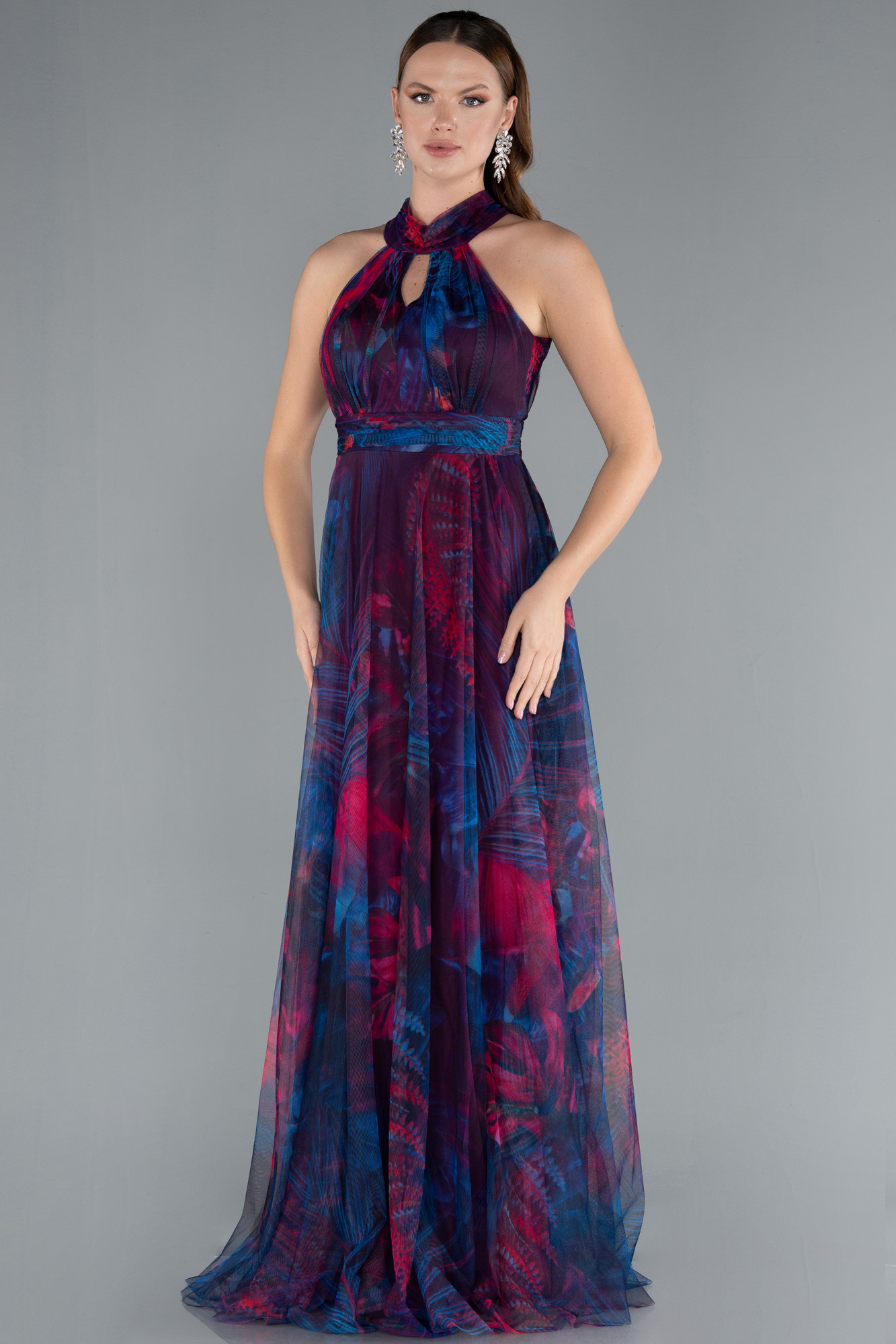 Petrol Yeşili Uzun Çicekli Abiye Elbise ABU674