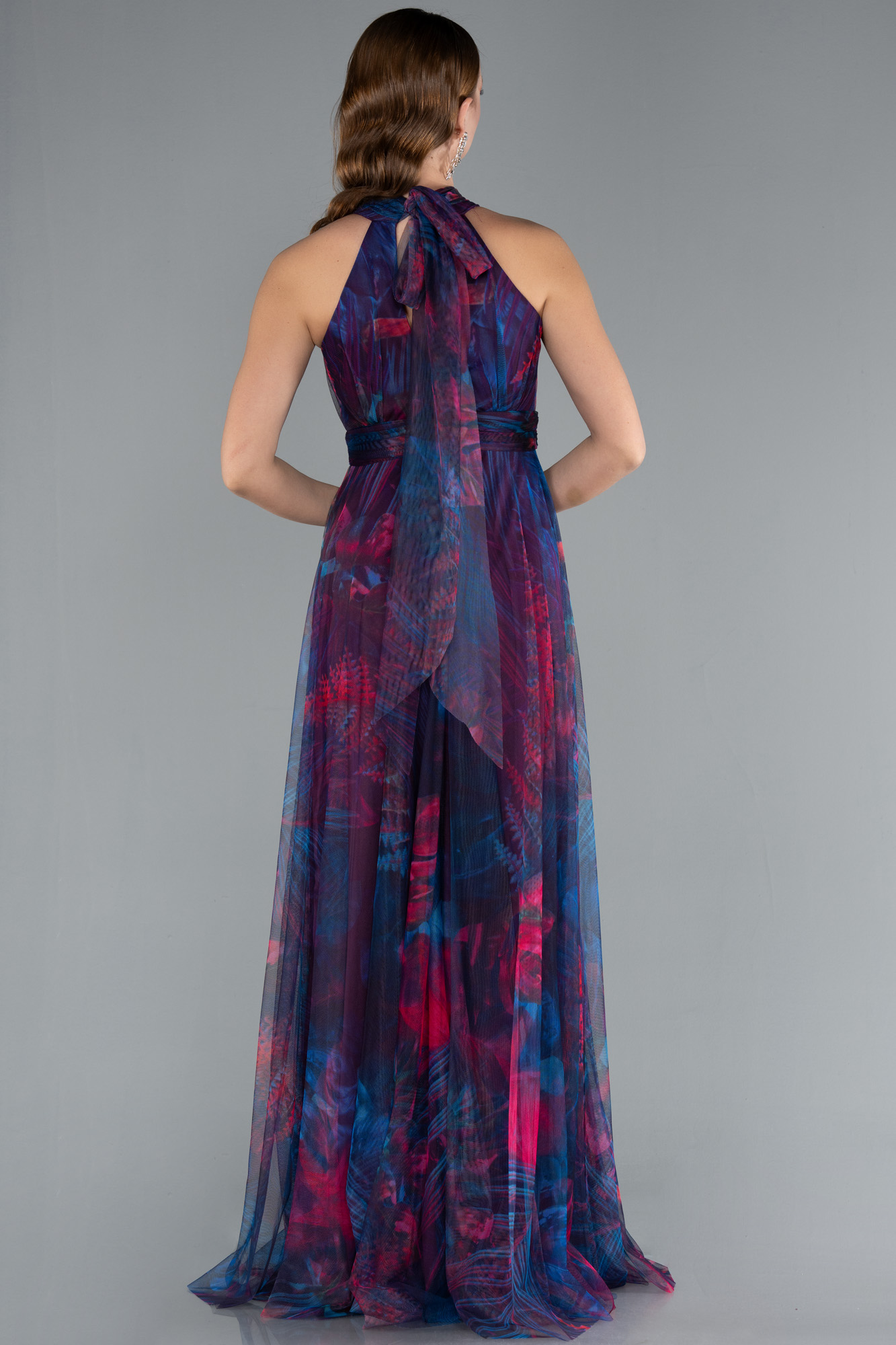 Petrol Yeşili Uzun Çicekli Abiye Elbise ABU674 - Görsel 2