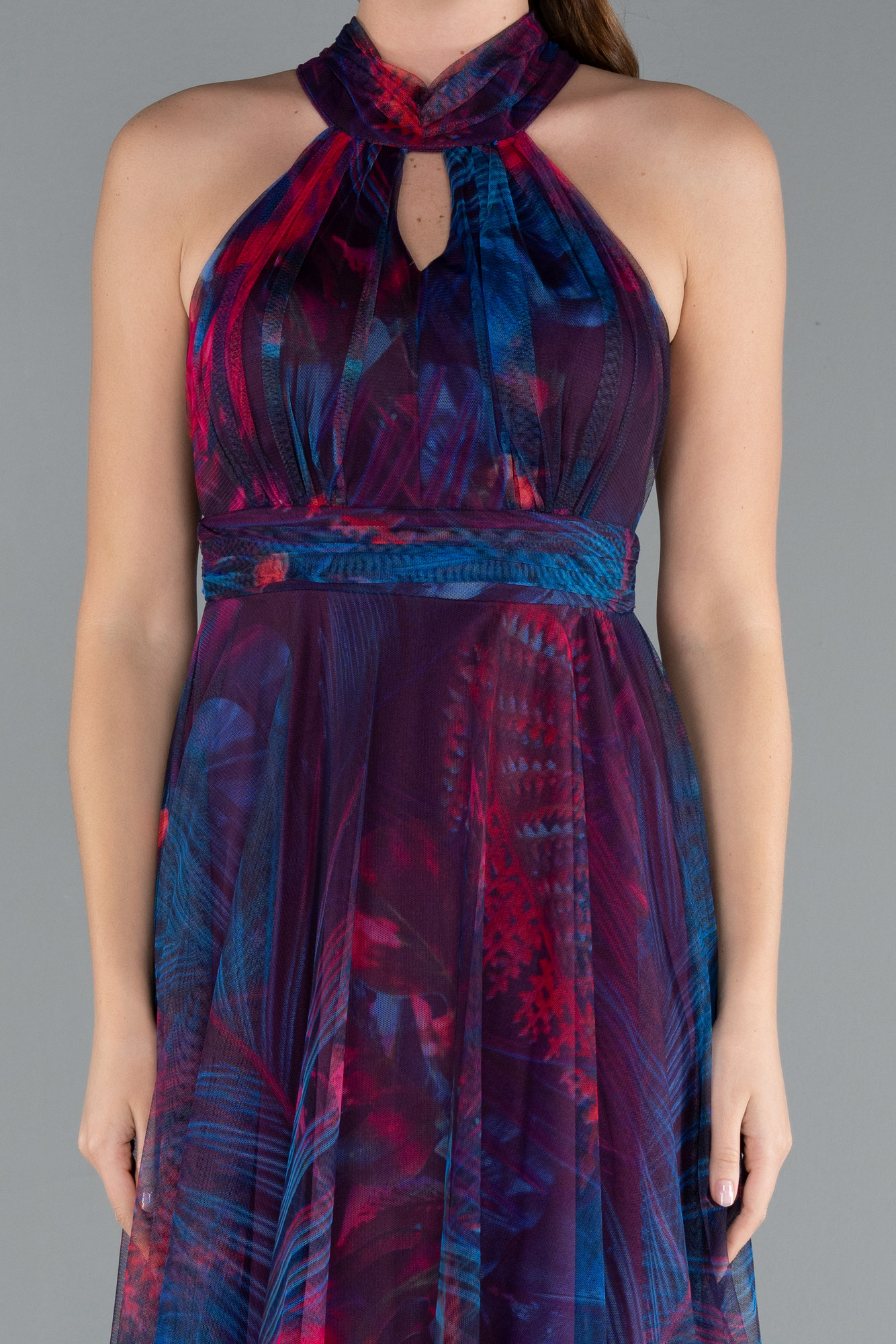 Petrol Yeşili Uzun Çicekli Abiye Elbise ABU674 - Görsel 3