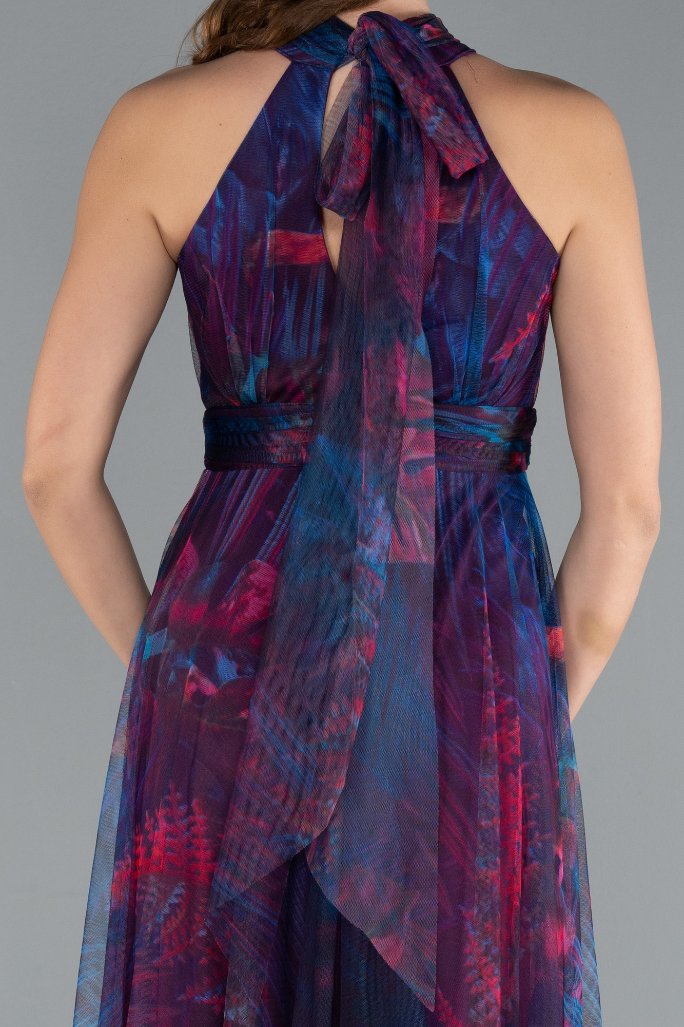 Petrol Yeşili Uzun Çicekli Abiye Elbise ABU674 - Görsel 4