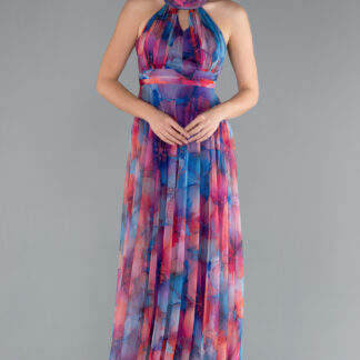 Saks Mavi Uzun Çicekli Abiye Elbise ABU674