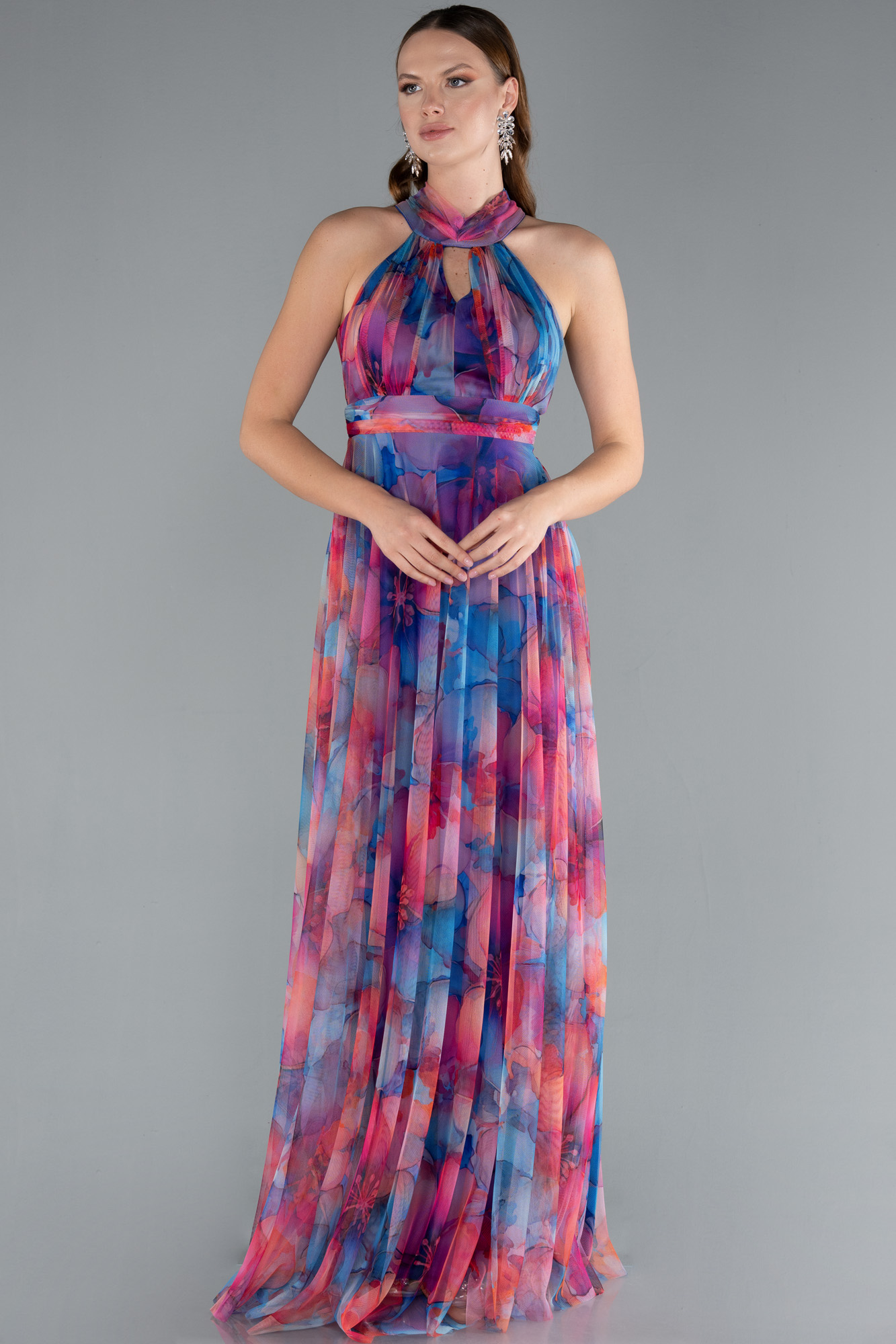 Saks Mavi Uzun Çicekli Abiye Elbise ABU674