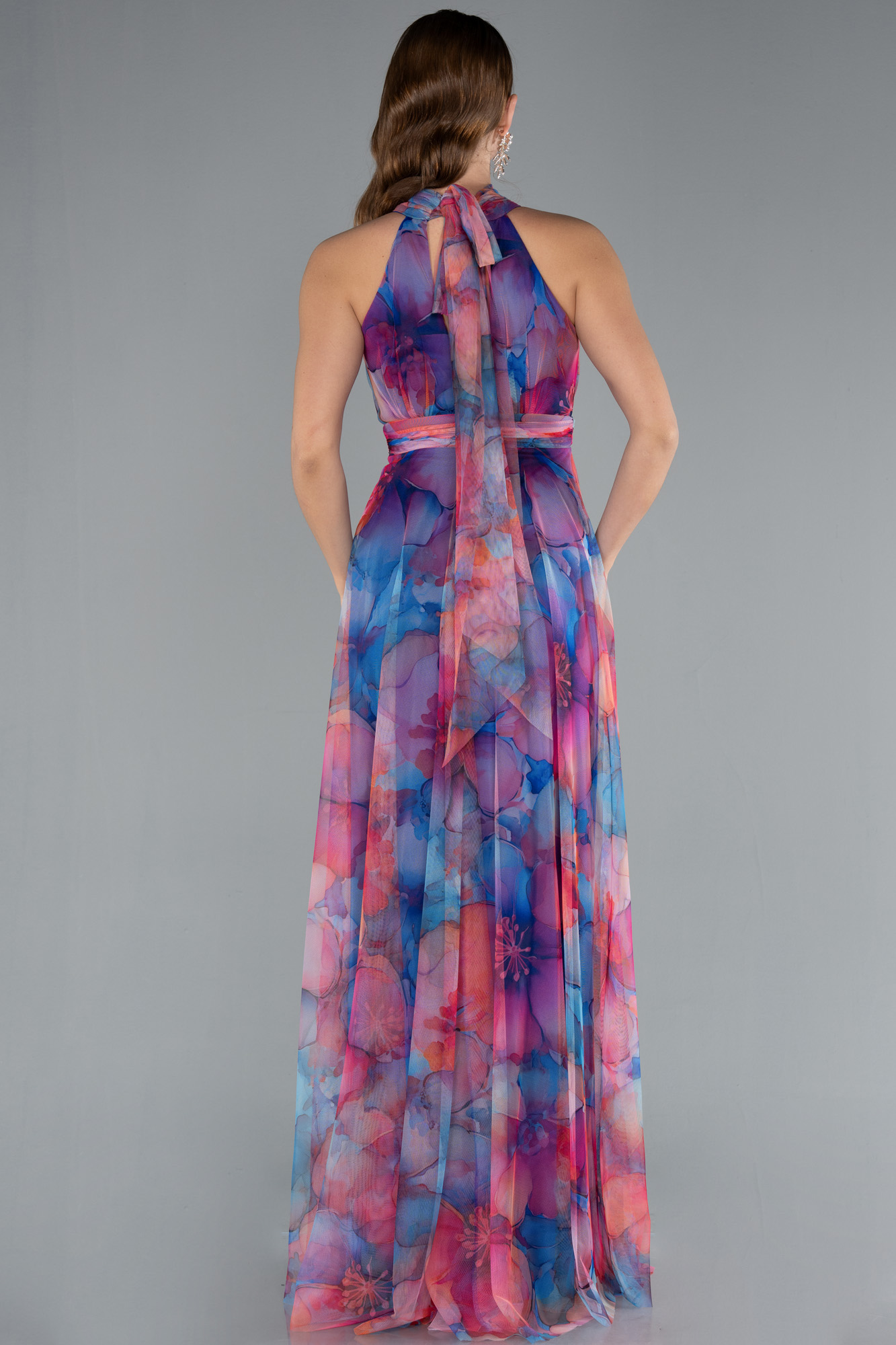 Saks Mavi Uzun Çicekli Abiye Elbise ABU674 - Görsel 2