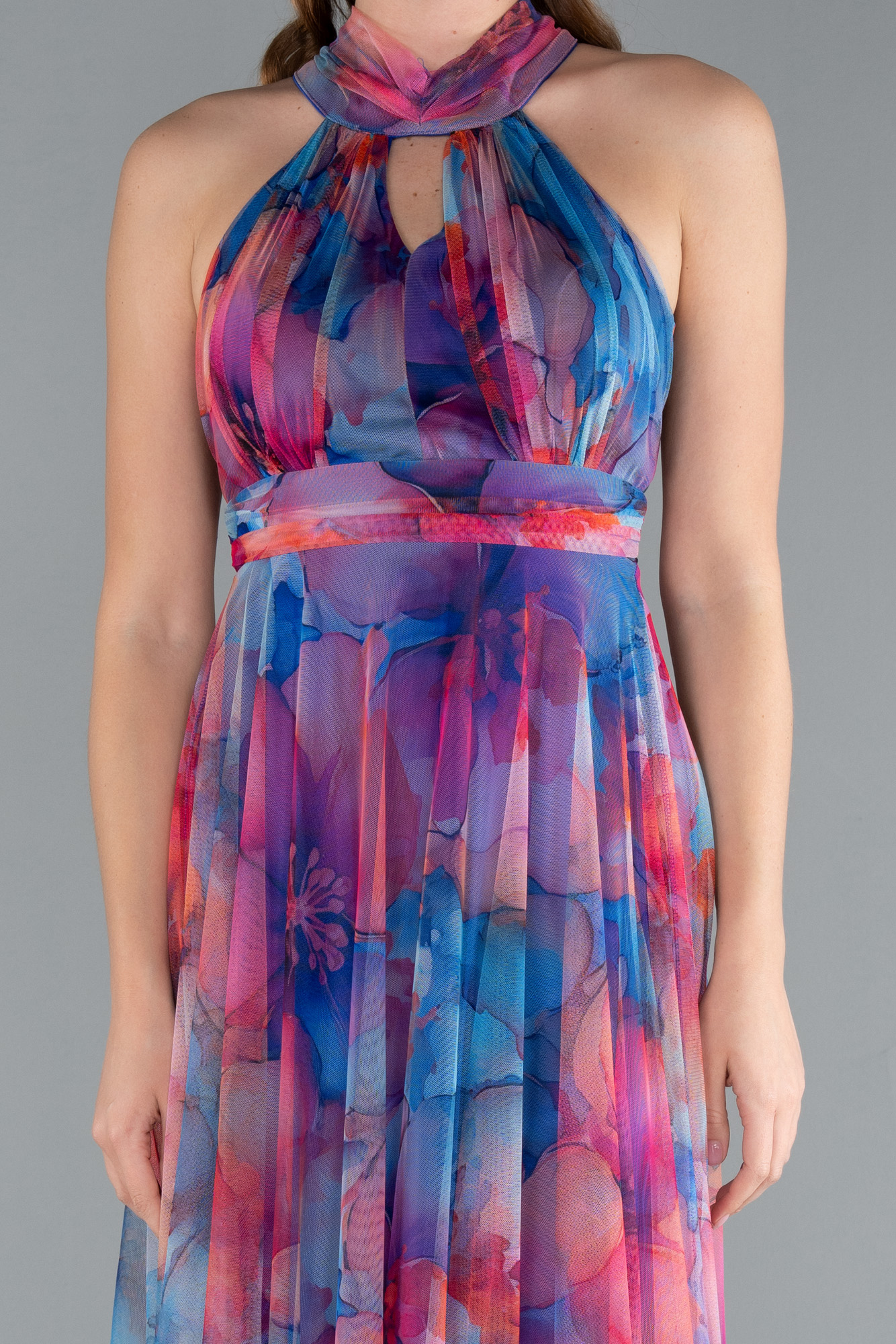 Saks Mavi Uzun Çicekli Abiye Elbise ABU674 - Görsel 3