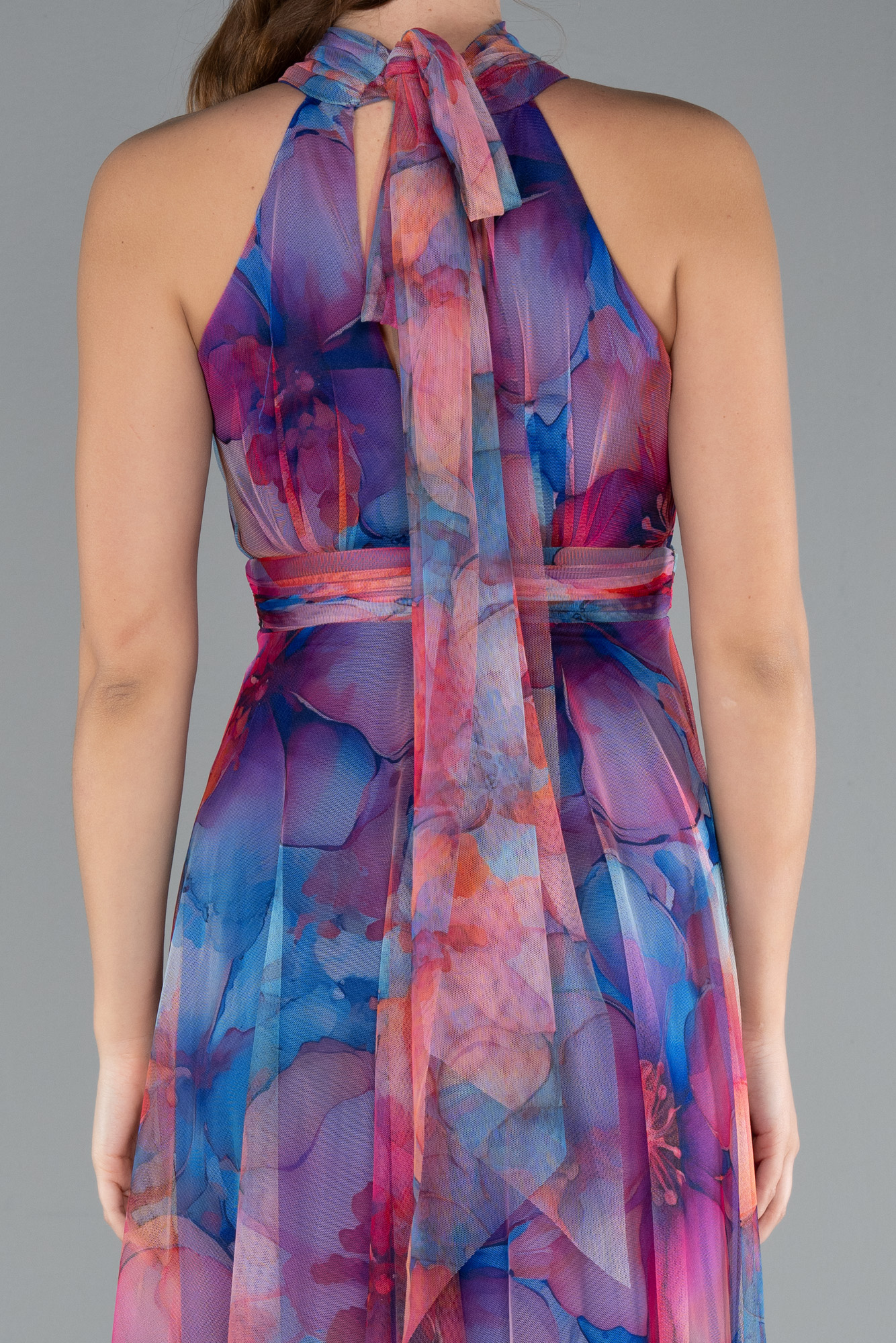 Saks Mavi Uzun Çicekli Abiye Elbise ABU674 - Görsel 4