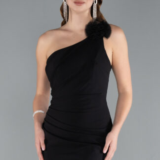 Siyah Tek Omuz Yırtmaçlı Uzun Abiye Elbise ABU4891