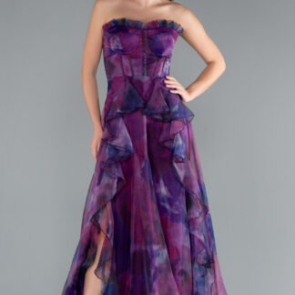 Mor Straplez Volan Yırtmaçlı Empirme Uzun Abiye ABU3360