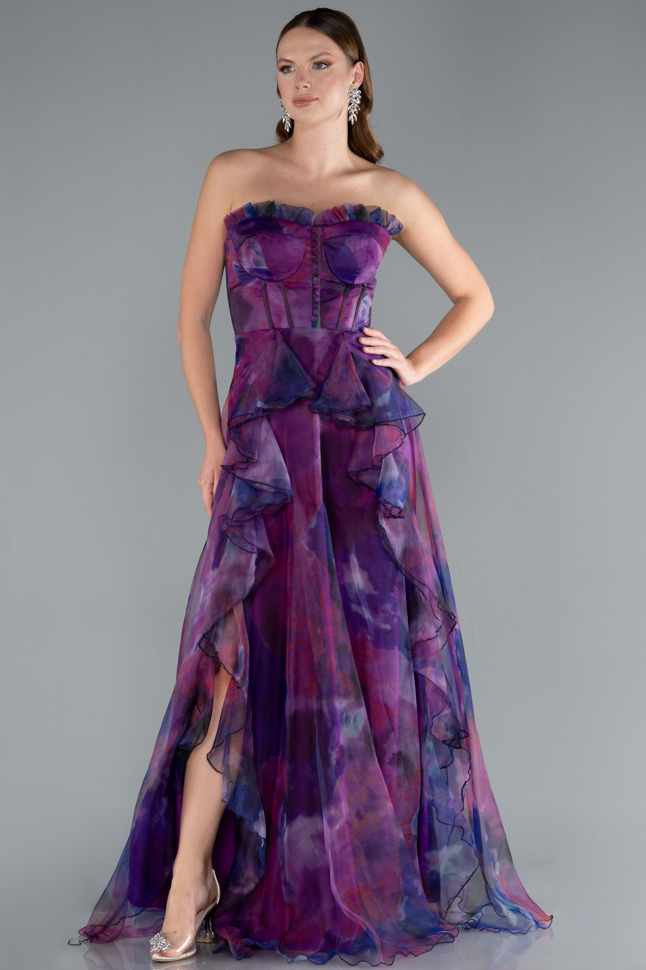 Mor Straplez Volan Yırtmaçlı Empirme Uzun Abiye ABU3360