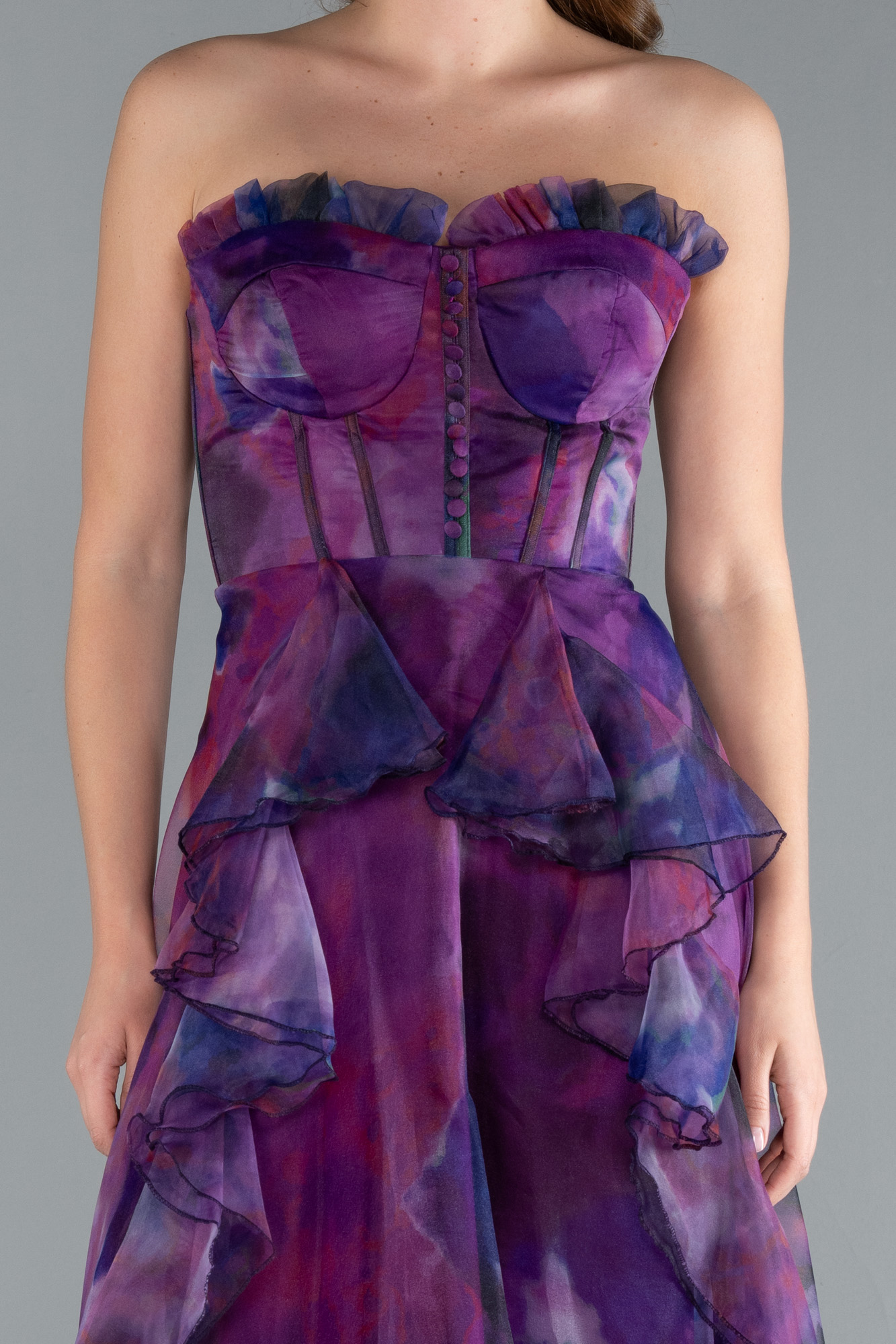 Mor Straplez Volan Yırtmaçlı Empirme Uzun Abiye ABU3360 - Görsel 3