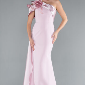 Pudra Saten Tek Omuz Fiyonk Detay Kuyruklu Uzun Abiye ABU4904