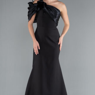 Siyah Saten Tek Omuz Fiyonk Detay Kuyruklu Uzun Abiye ABU4904