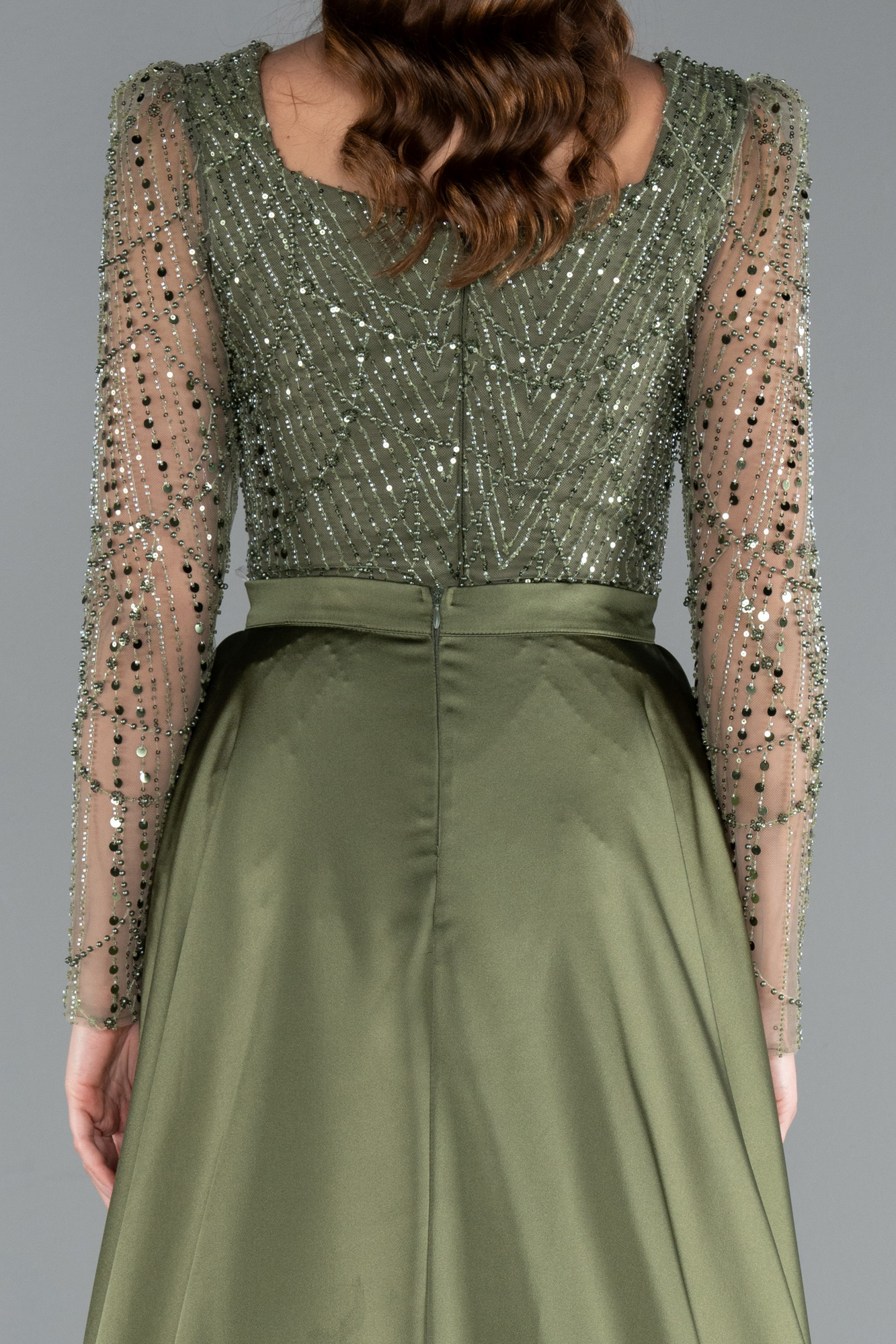 Haki Uzun Kol Taşlı Saten Kuyruk Aksesuarlı Abiye ABU4603 - Görsel 5