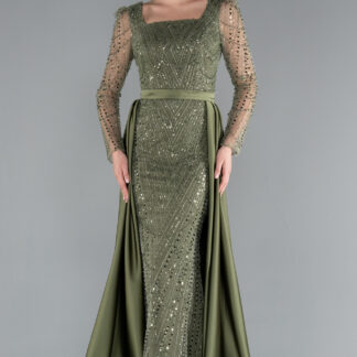 Haki Uzun Kol Taşlı Saten Kuyruk Aksesuarlı Abiye ABU4603