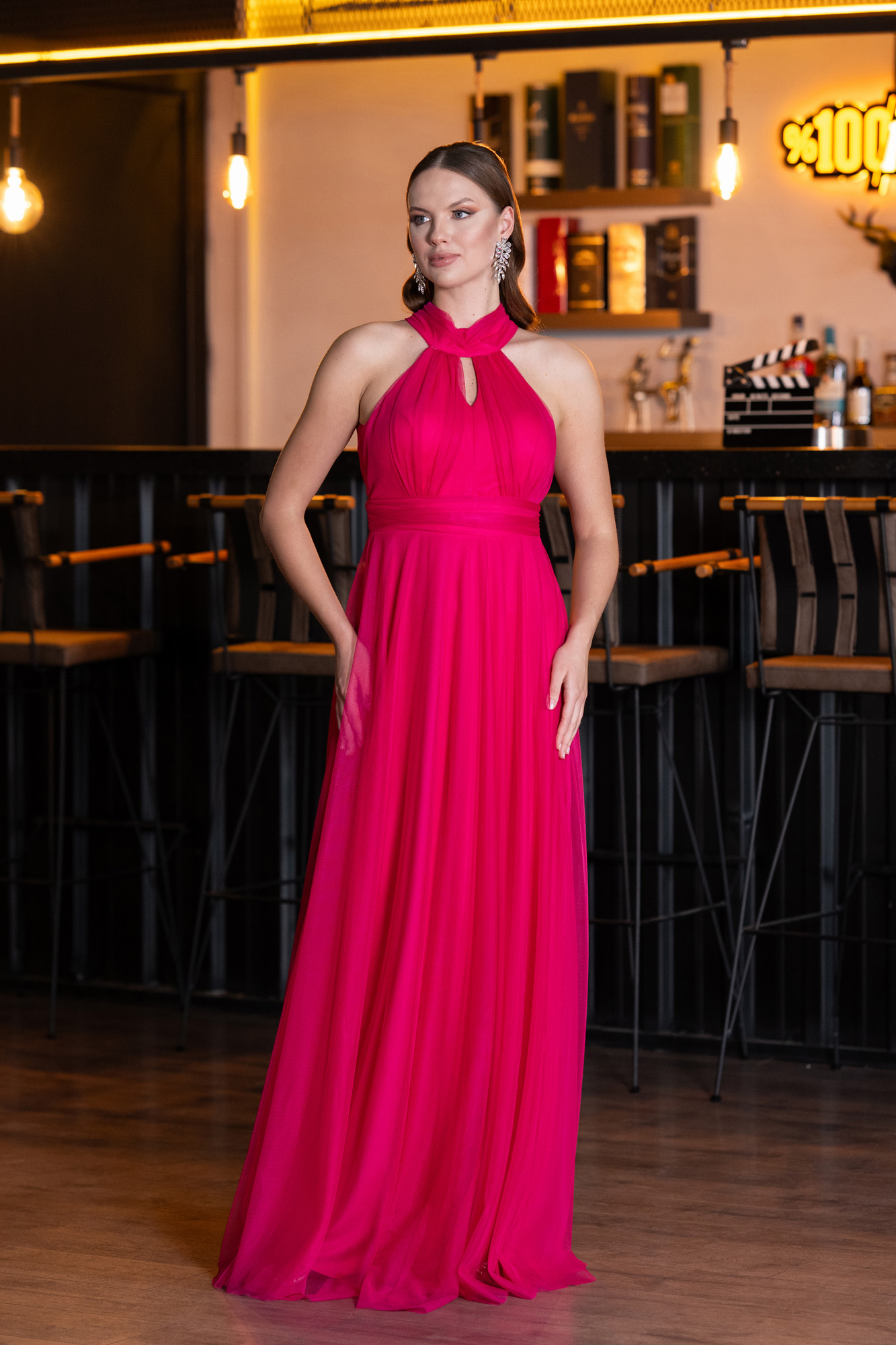 Fuşya Halter Yaka Uzun Abiye Elbise ABU3252