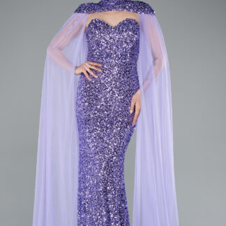 Lila Tül Pelerinli Straplez Uzun Pullu Abiye ABU4910