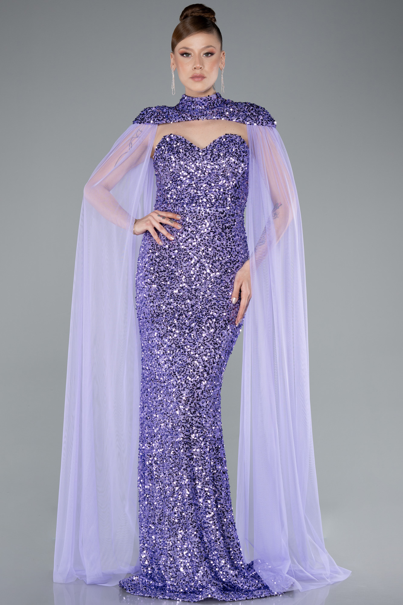 Lila Tül Pelerinli Straplez Uzun Pullu Abiye ABU4910