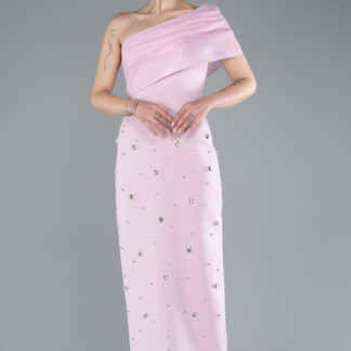 Pudra Tek Omuz Taşlı Midi Davet Elbisesi ABK2337
