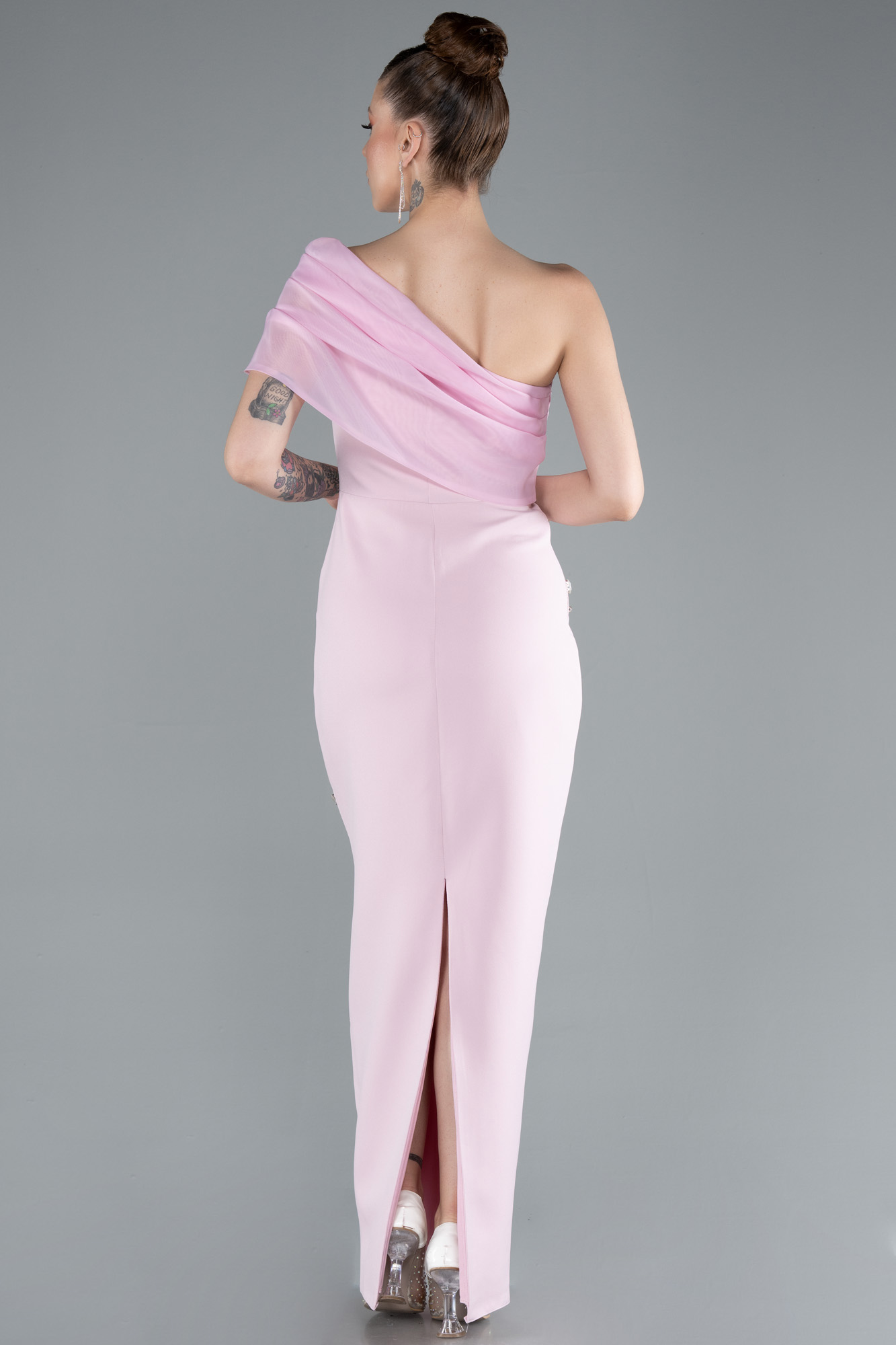 Pudra Tek Omuz Taşlı Midi Davet Elbisesi ABK2337 - Görsel 2