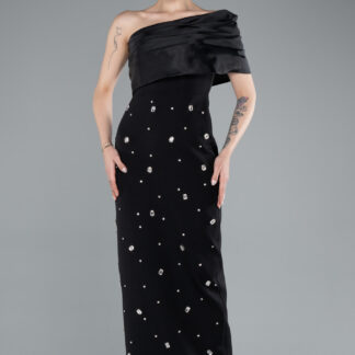 Siyah Tek Omuz Taşlı Midi Davet Elbisesi ABK2337