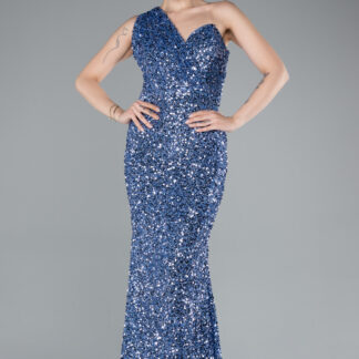 İndigo Tek Omuz Uzun Pullu Balık Abiye Elbise ABU4915