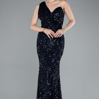 Lacivert Tek Omuz Uzun Pullu Balık Abiye Elbise ABU4915