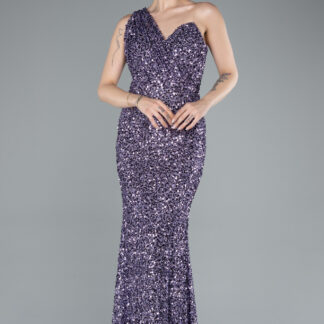 Lavanta Tek Omuz Uzun Pullu Balık Abiye Elbise ABU4915