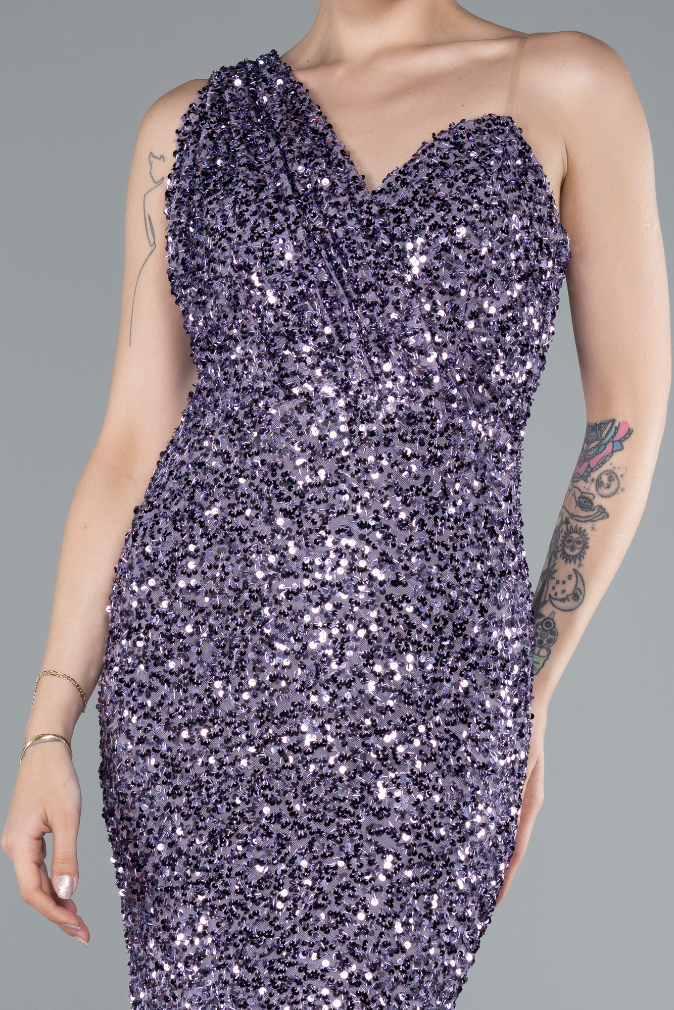 Lavanta Tek Omuz Uzun Pullu Balık Abiye Elbise ABU4915 - Görsel 3