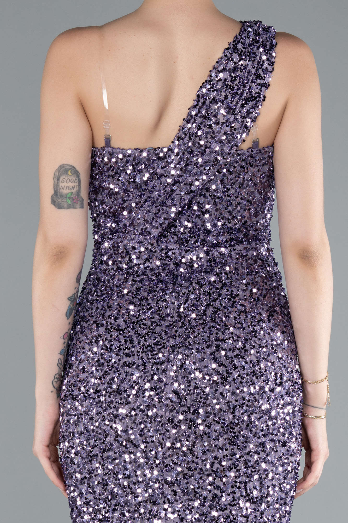 Lavanta Tek Omuz Uzun Pullu Balık Abiye Elbise ABU4915 - Görsel 4