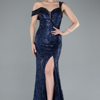 Lacivert Tek Omuz Yırtmaçlı Uzun Boncuklu Balık Abiye Elbise ABU4916