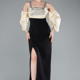 Siyah-Sarı Askılı Kol Aksesuarlı Yırtmaçlı Uzun Abiye ABU2911