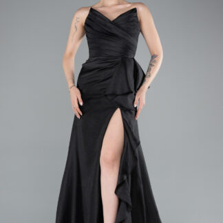 Siyah Straplez Kedi Kulağı Yırtmaçlı Uzun Abiye ABU4724