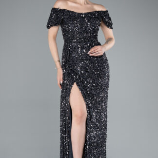 Antrasit Kayık Yaka Bacak Dekolteli Uzun Pullu Abiye Elbise ABU4843