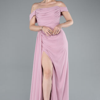 Pudra Kayık Yaka Yırtmaçlı Uzun Şifon Abiye Elbise ABU4925