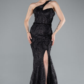 Siyah Tek Omuz Bacak Dekolteli Uzun Simli Abiye ABU4697