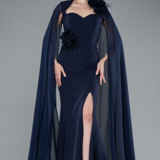 Lacivert Şifon Pelerin Kol Yırtmaçlı Uzun Abiye ABU5012