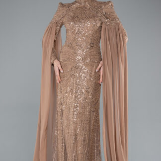 Bakır Boncuklu Dik Yaka Uzun Kol Büyük Beden Tesettür Abiye ABU4935