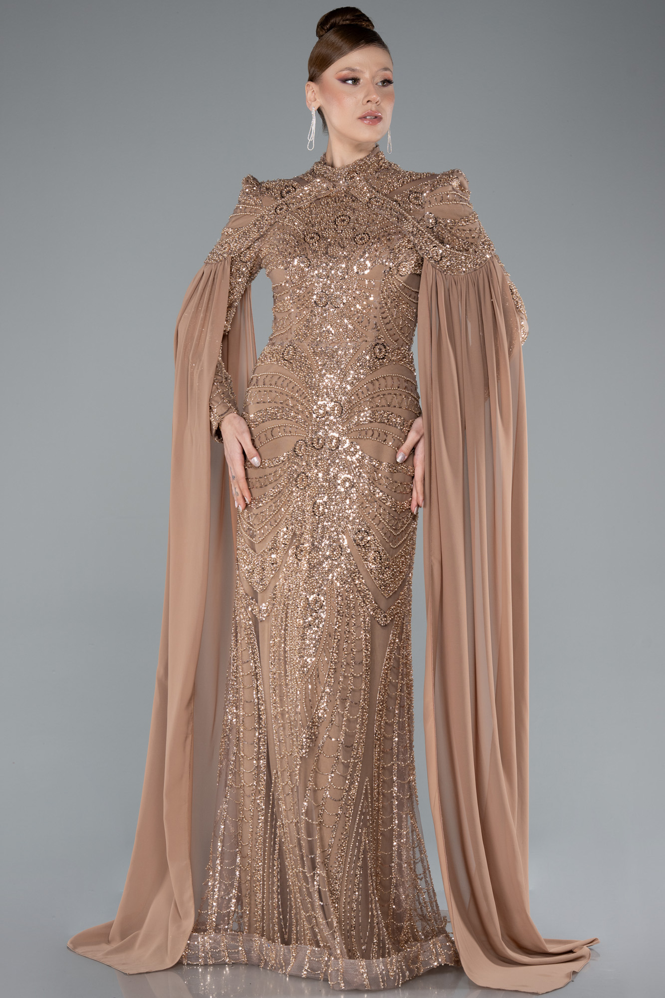 Bakır Boncuklu Dik Yaka Uzun Kol Büyük Beden Tesettür Abiye ABU4935