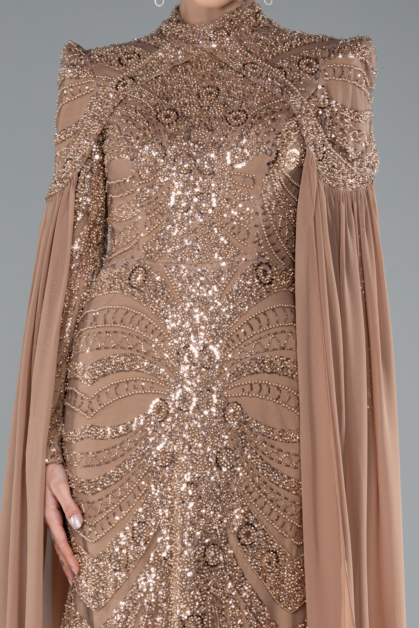 Bakır Boncuklu Dik Yaka Uzun Kol Büyük Beden Tesettür Abiye ABU4935 - Görsel 3