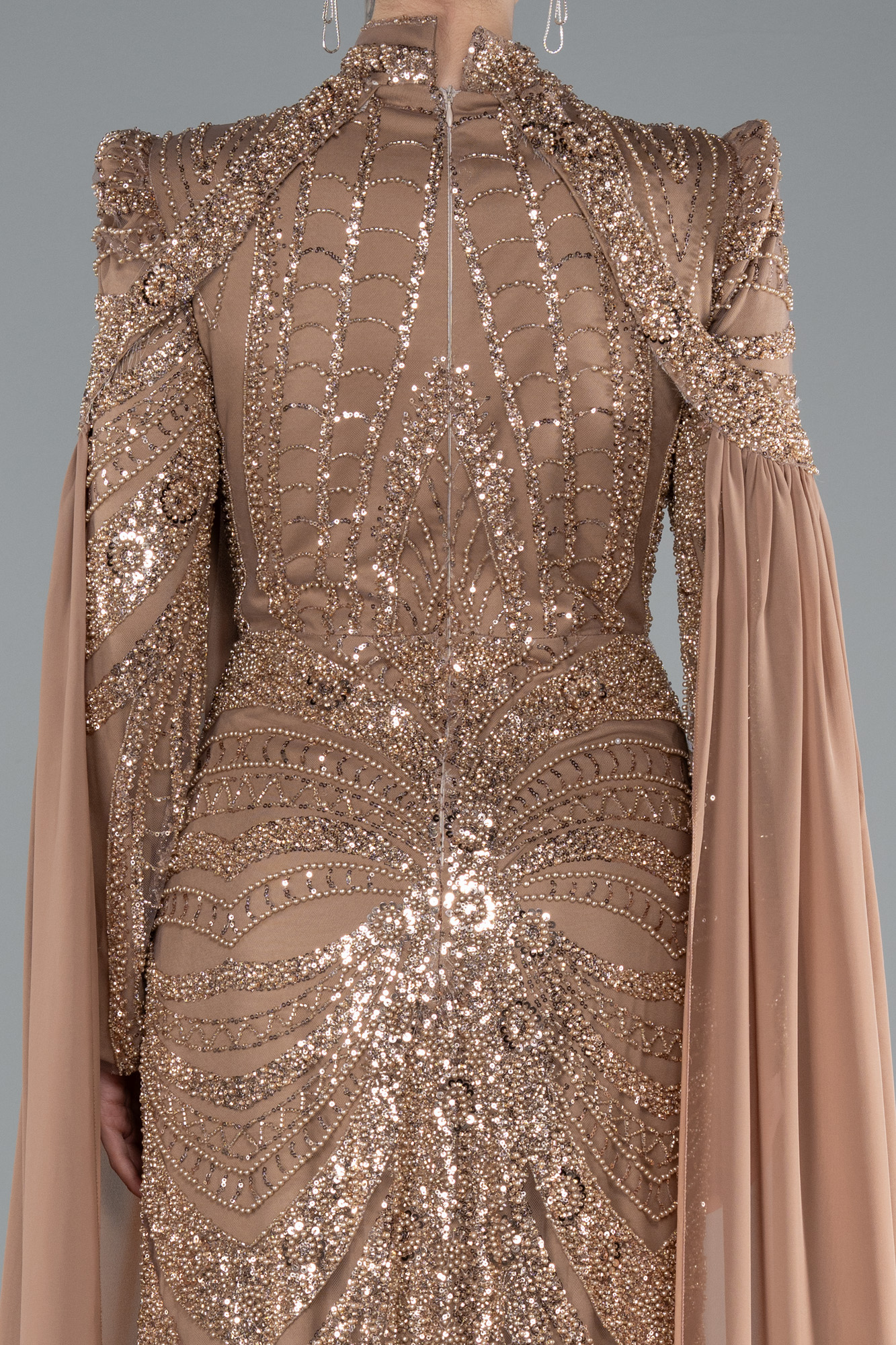 Bakır Boncuklu Dik Yaka Uzun Kol Büyük Beden Tesettür Abiye ABU4935 - Görsel 4