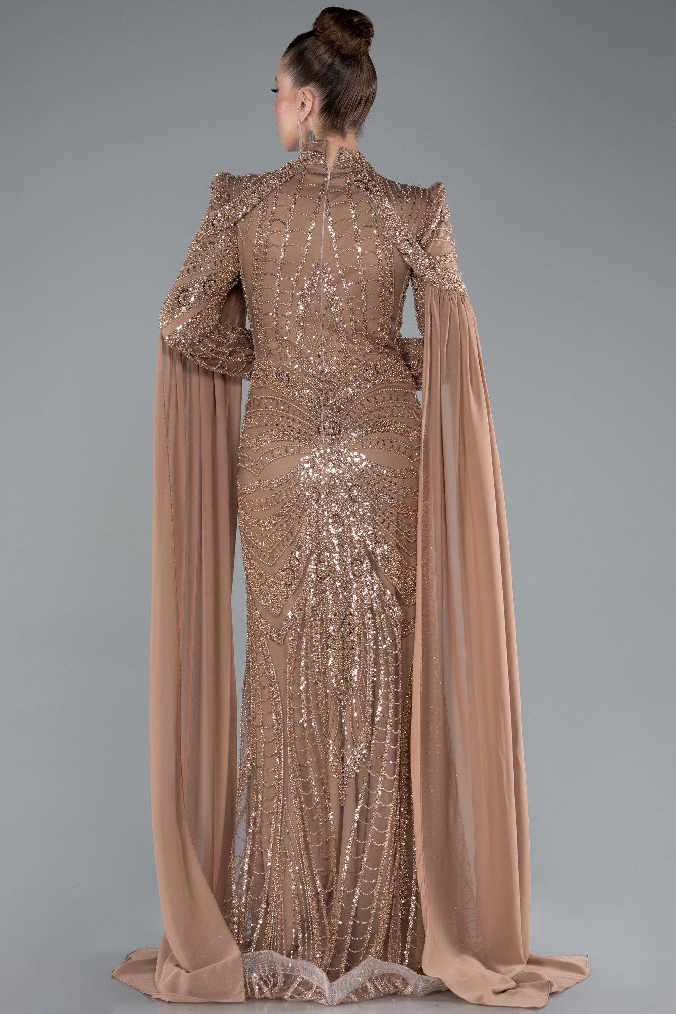 Bakır Boncuklu Dik Yaka Uzun Kol Büyük Beden Tesettür Abiye ABU4935 - Görsel 2