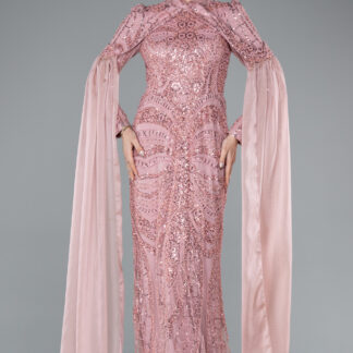 Pudra Boncuklu Dik Yaka Uzun Kol Pelerinli Tesettür Abiye ABU4930