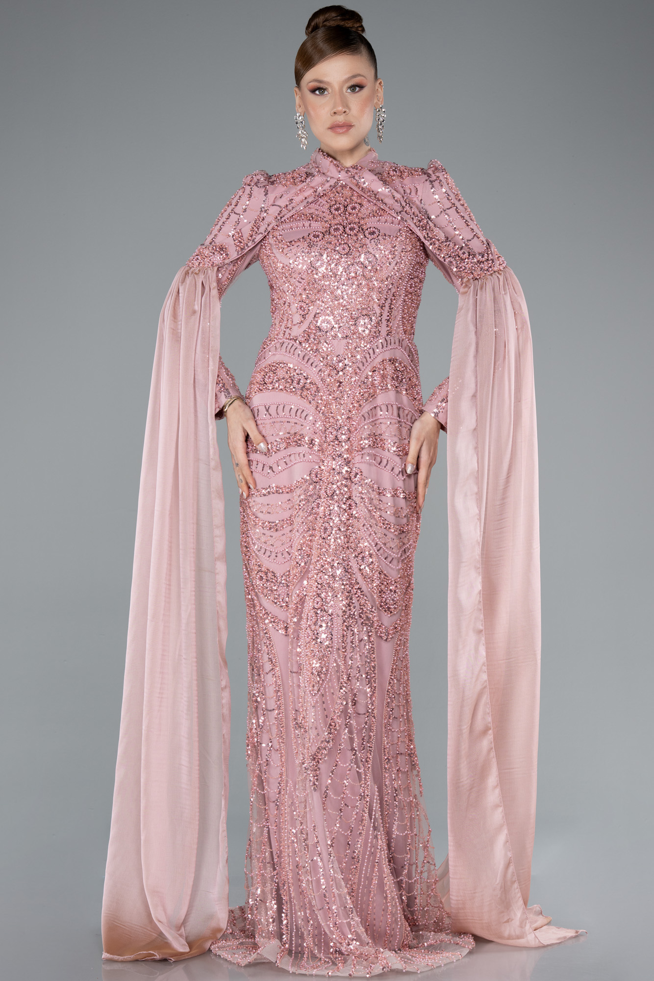 Pudra Boncuklu Dik Yaka Uzun Kol Pelerinli Tesettür Abiye ABU4930