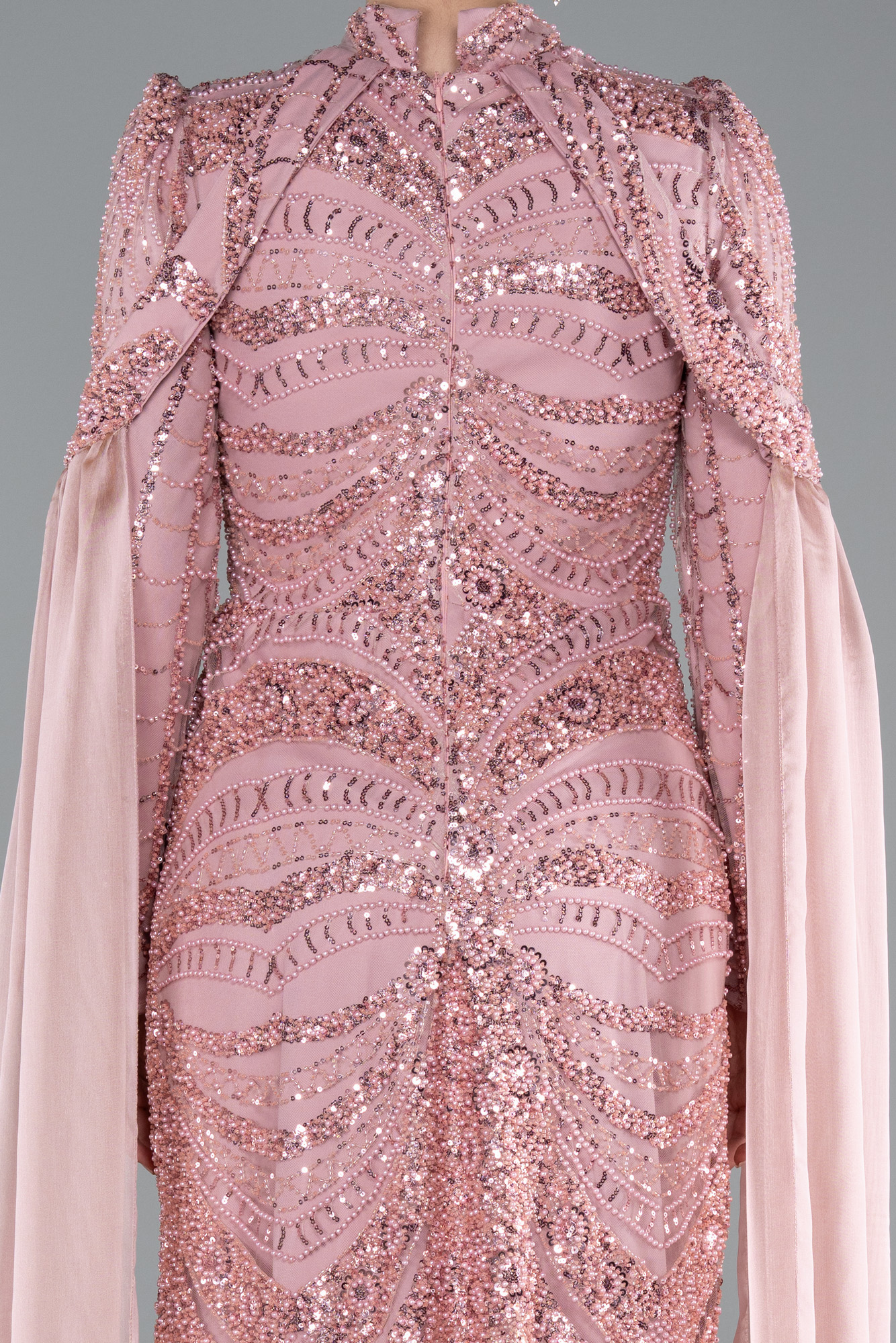 Pudra Boncuklu Dik Yaka Uzun Kol Pelerinli Tesettür Abiye ABU4930 - Görsel 4