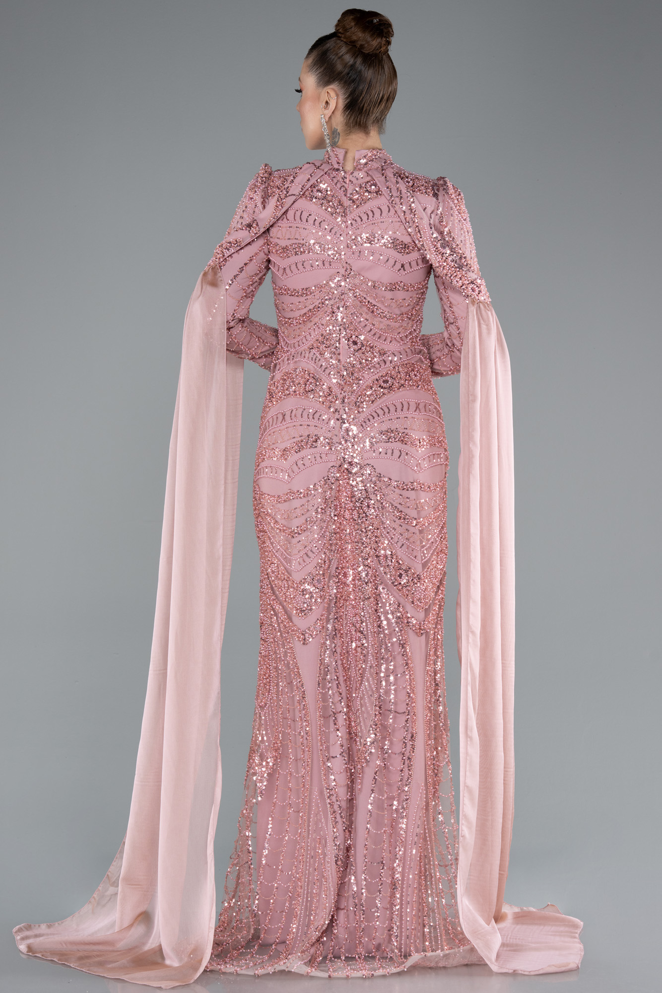 Pudra Boncuklu Dik Yaka Uzun Kol Pelerinli Tesettür Abiye ABU4930 - Görsel 2