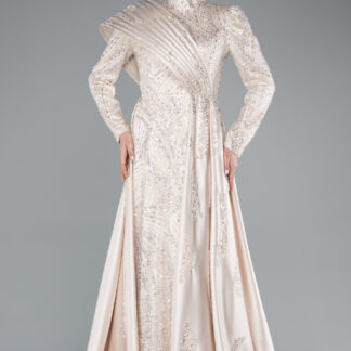 Bej Taşlı Uzun Kol Saten Büyük Beden Tesettür Abiye ABU5083