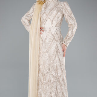 Bej Taşlı Dik Yaka Uzun Kol Dantel Tesettür Abiye ABU4933