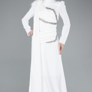 Ekru Dik Yaka Uzun Kol Büyük Beden Tesettür Abiye ABU4938