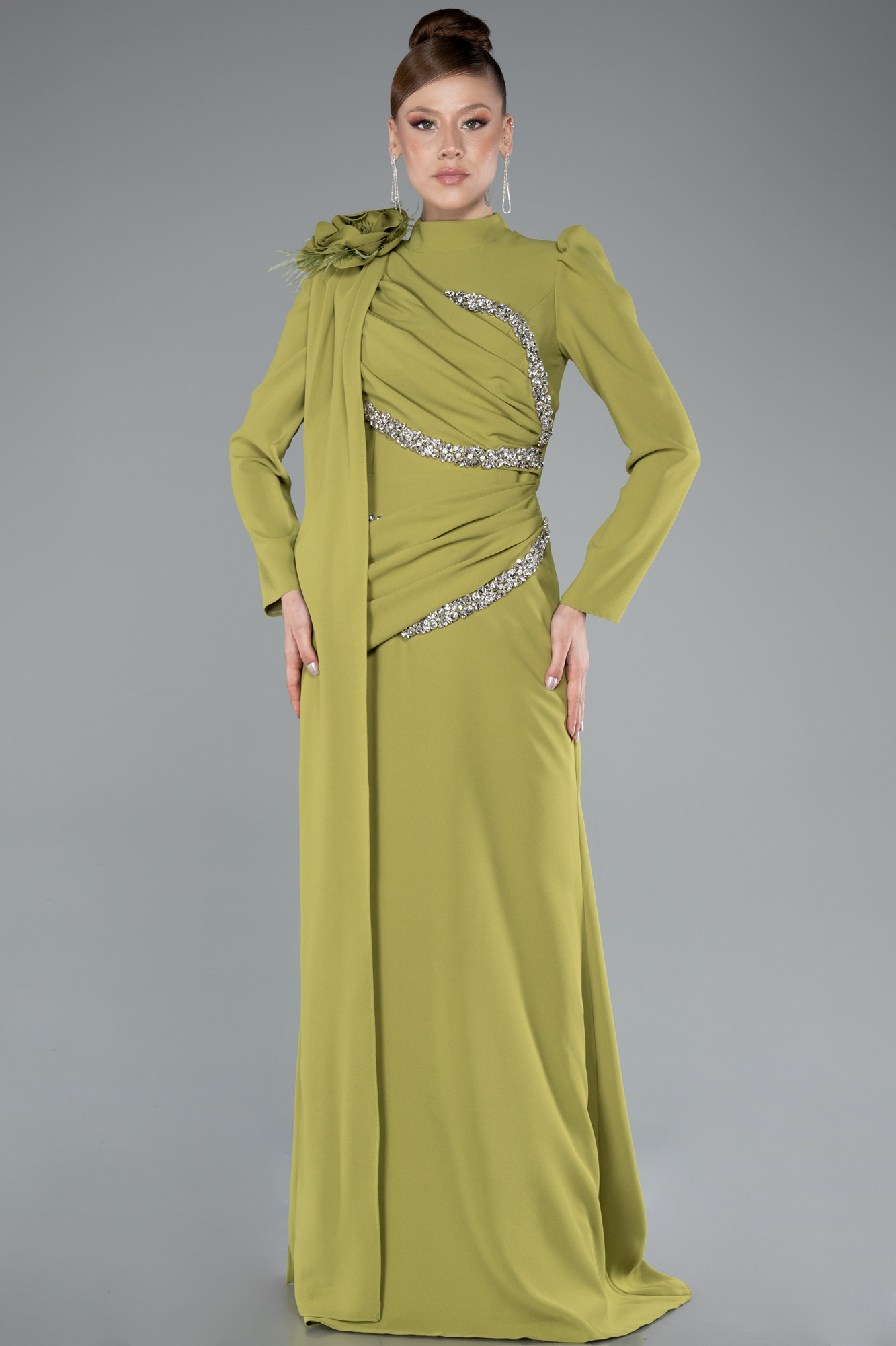 Fıstık Yeşili Dik Yaka Uzun Kol Büyük Beden Tesettür Abiye ABU4938