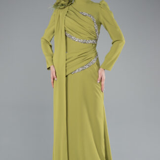 Fıstık Yeşili Dik Yaka Uzun Kol Şallı Tesettür Abiye ABU4934